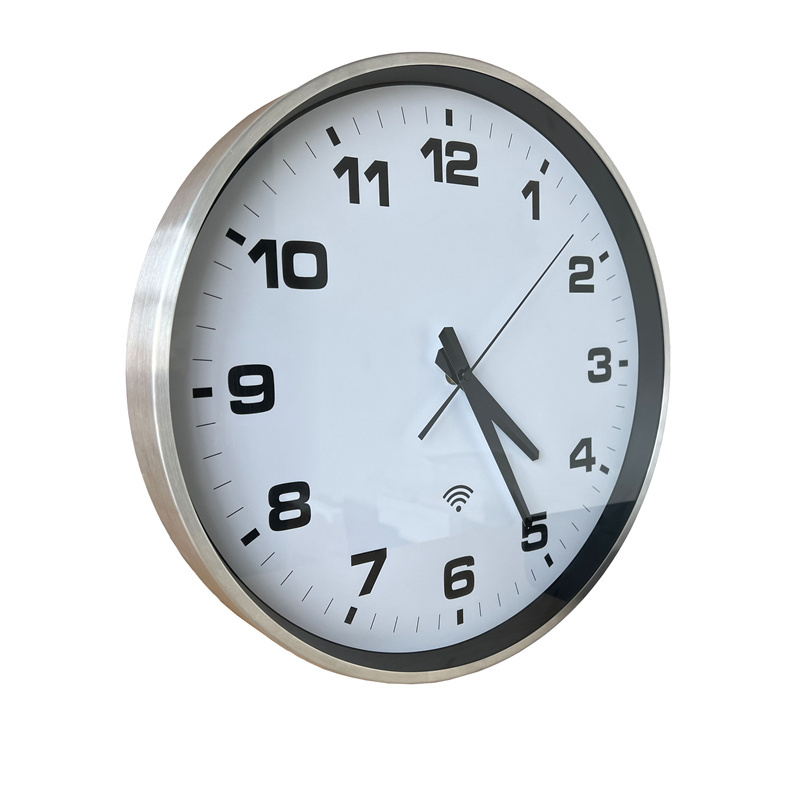 15인치 대형 은색 알루미늄 원형 NTP 벽걸이 와이파이 아날로그 시계, 와이파이 지원 시계